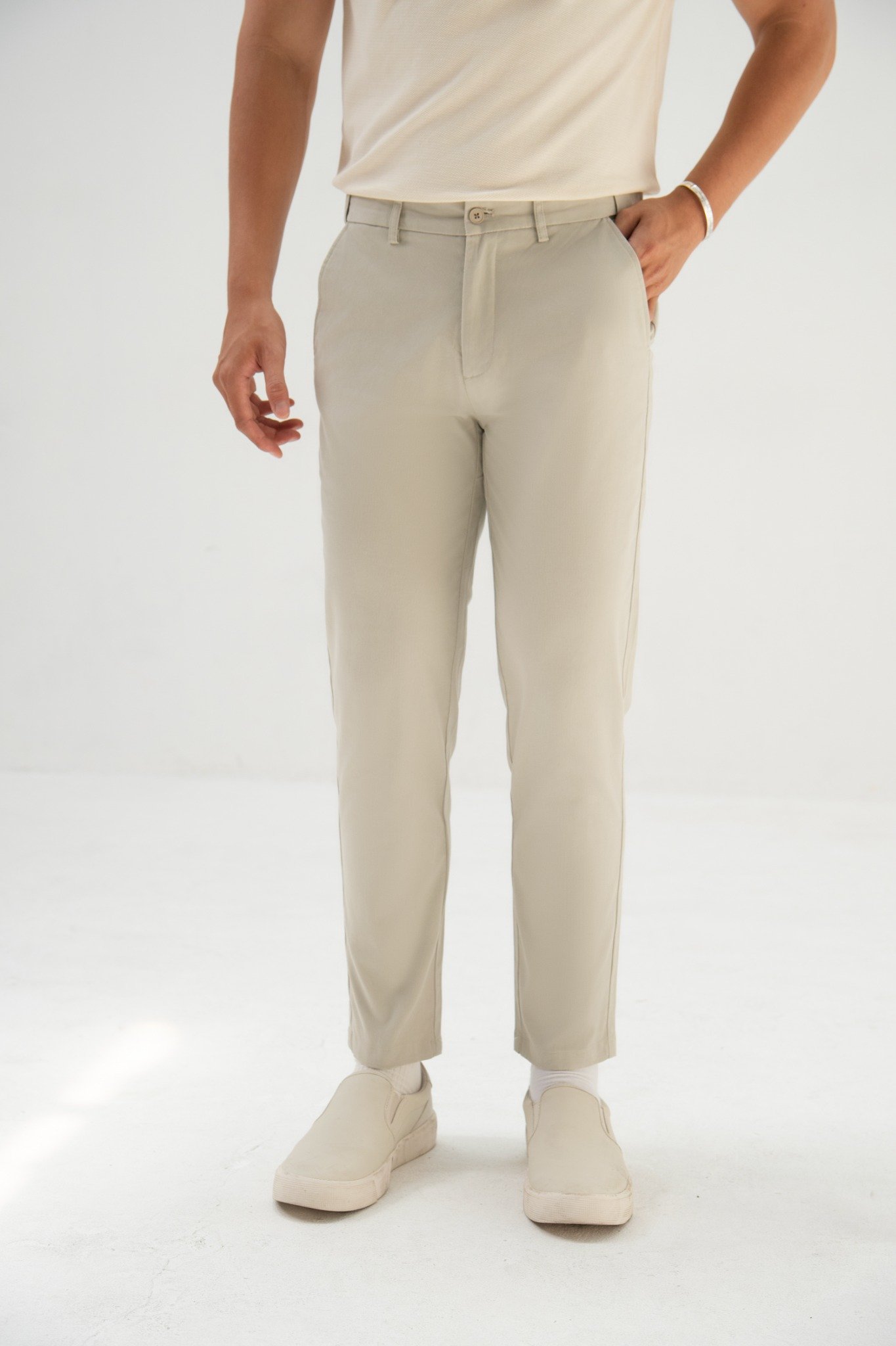 AG509 PREMIUM SLIMFIT ELASTIC WAIST KHAKI TROUSERS - BEIGE