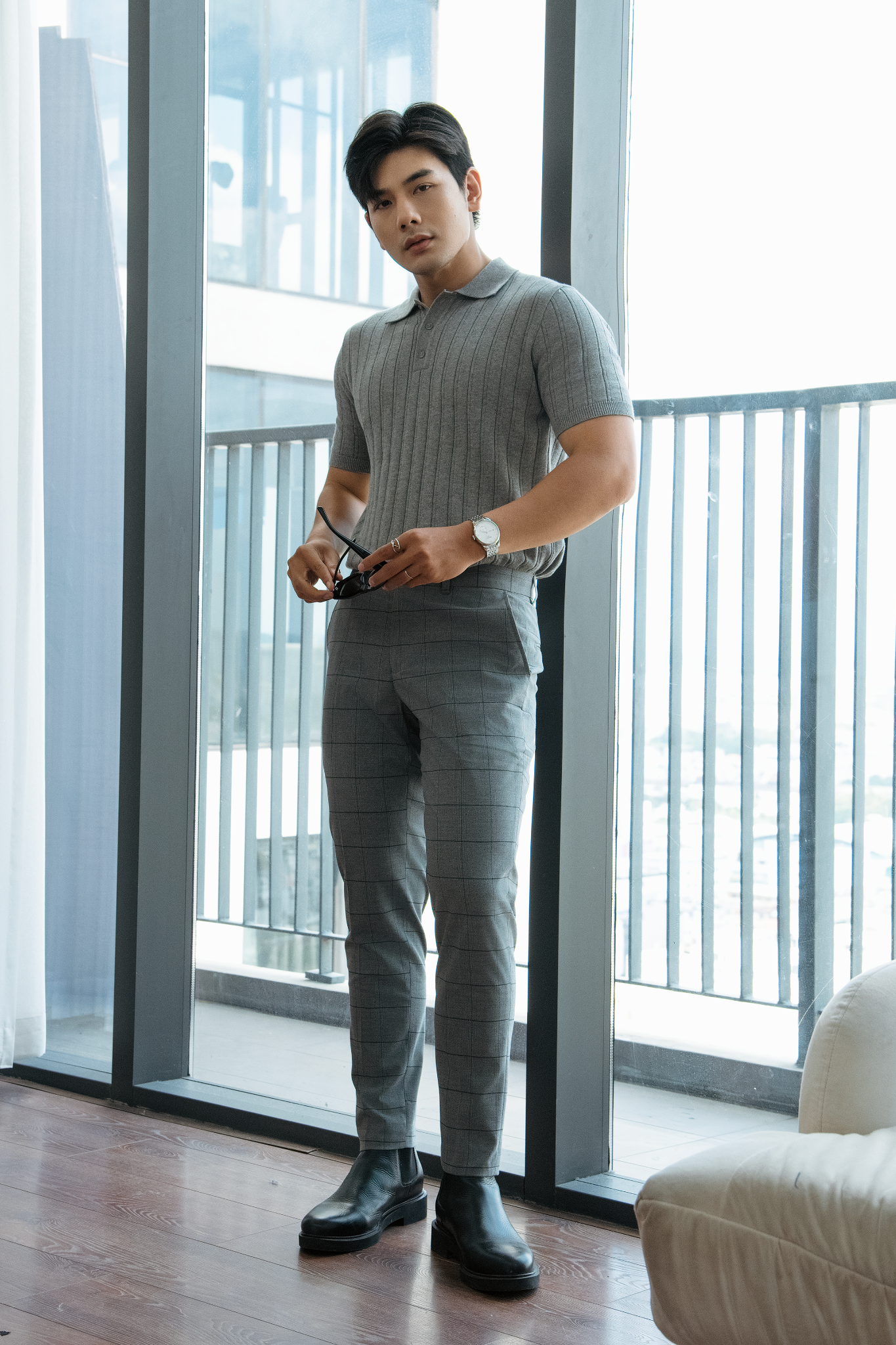 AG099 PREMIUM SLIMFIT CHECKED TROUSERS - LIGHT GREY