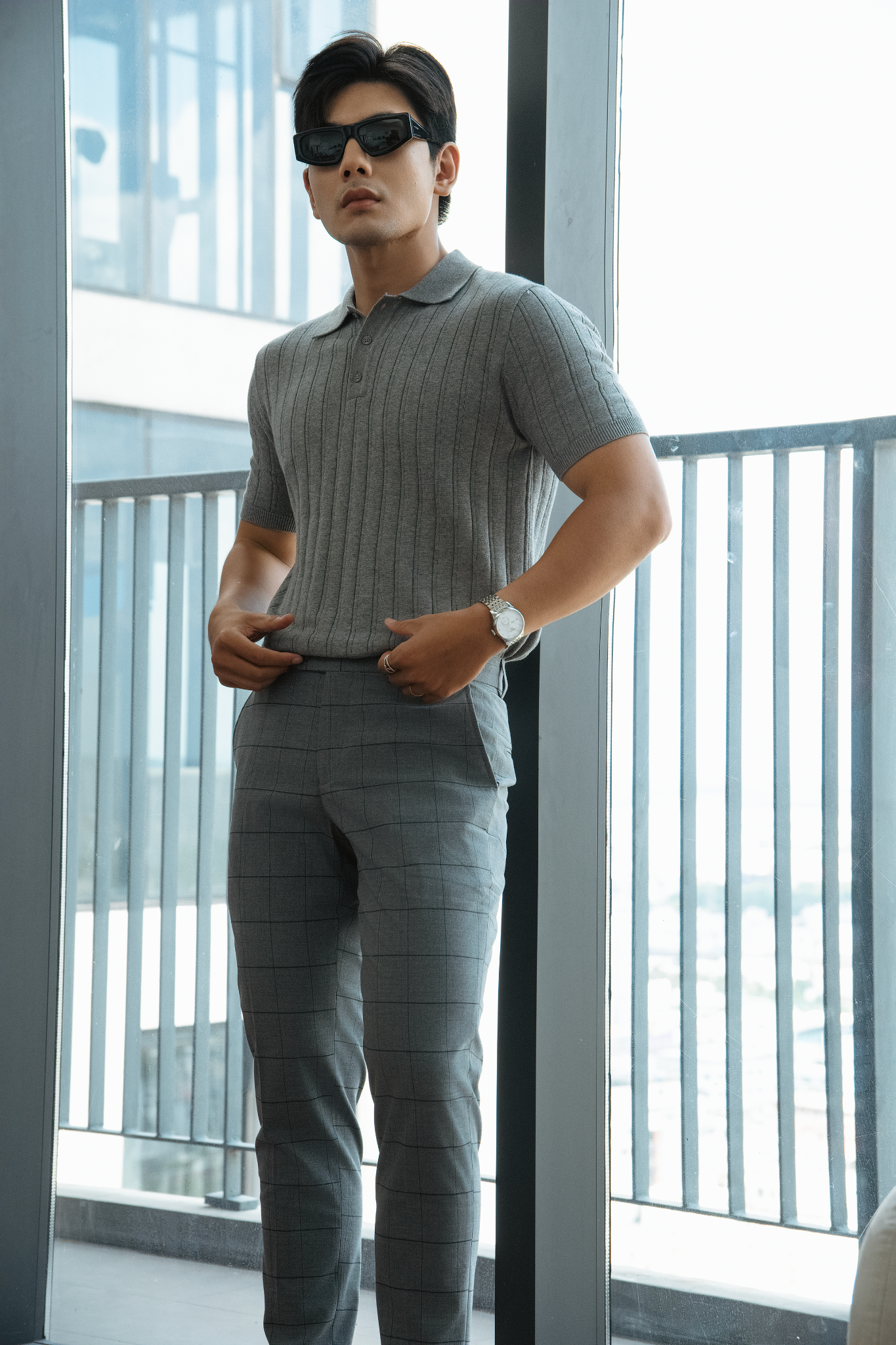 AG099 PREMIUM SLIMFIT CHECKED TROUSERS - LIGHT GREY