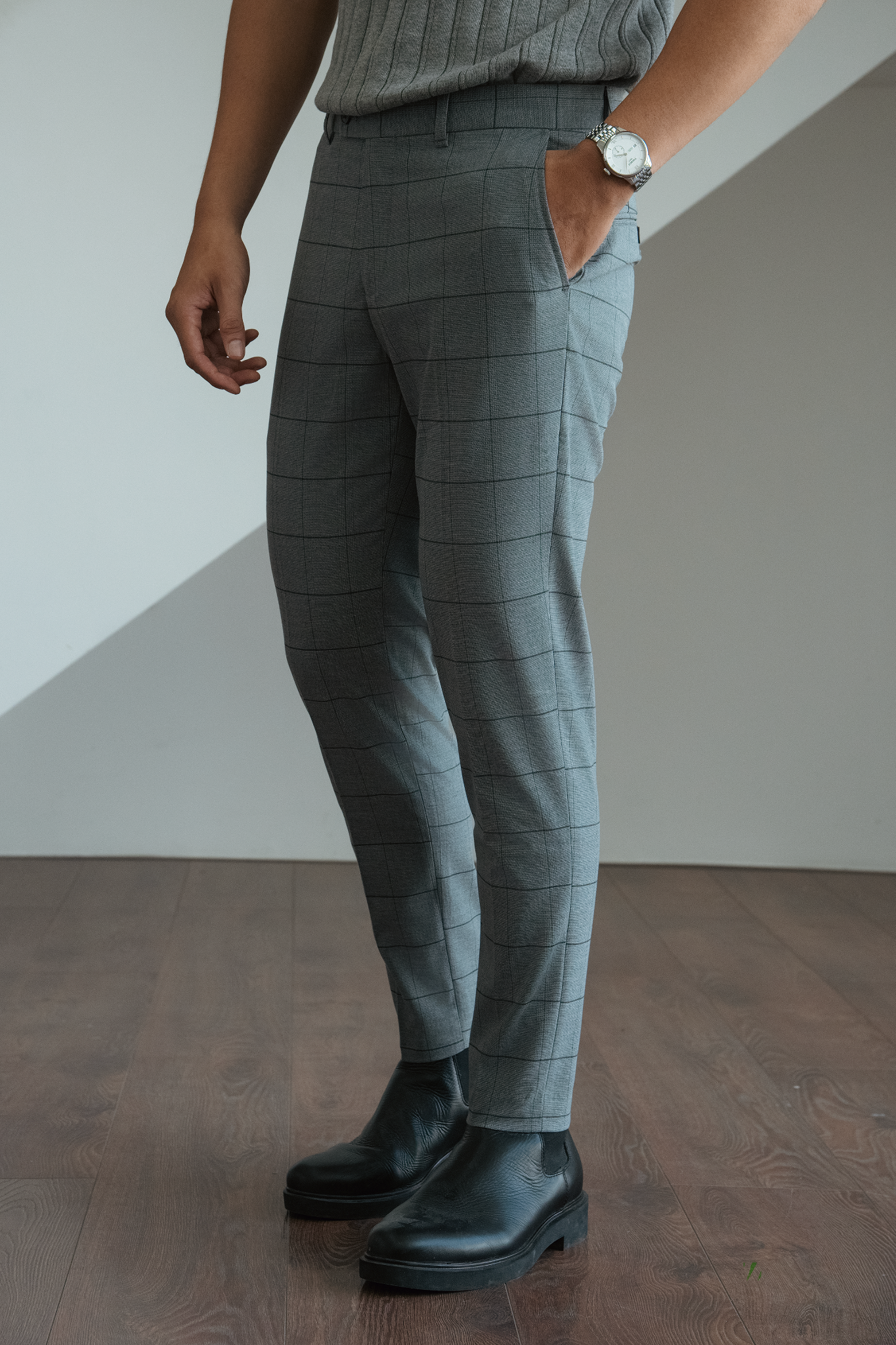 AG099 PREMIUM SLIMFIT CHECKED TROUSERS - LIGHT GREY