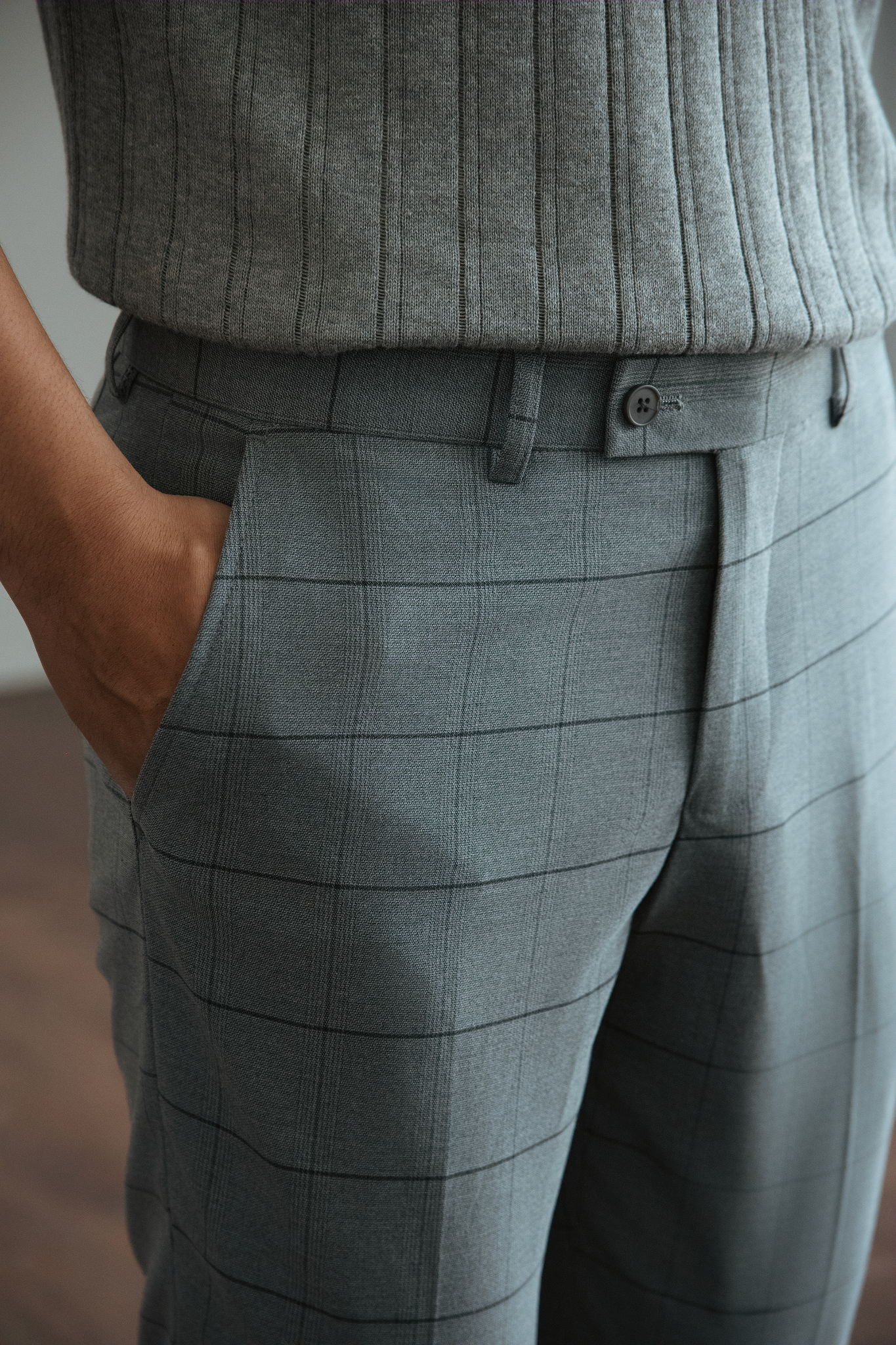 AG099 PREMIUM SLIMFIT CHECKED TROUSERS - LIGHT GREY