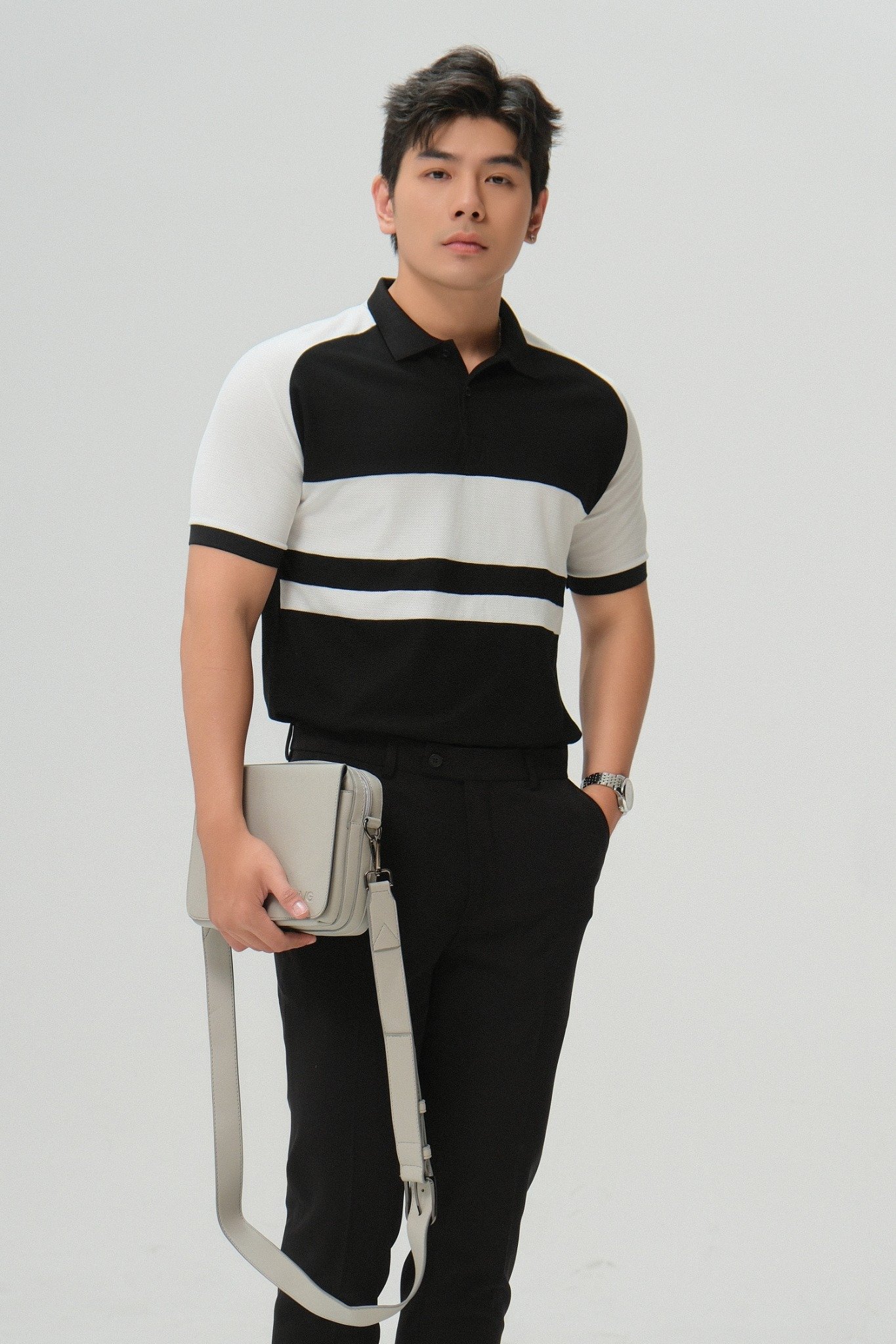 T62 FACTORY SLIMFIT WHITE DESIGN POLO - BLACK