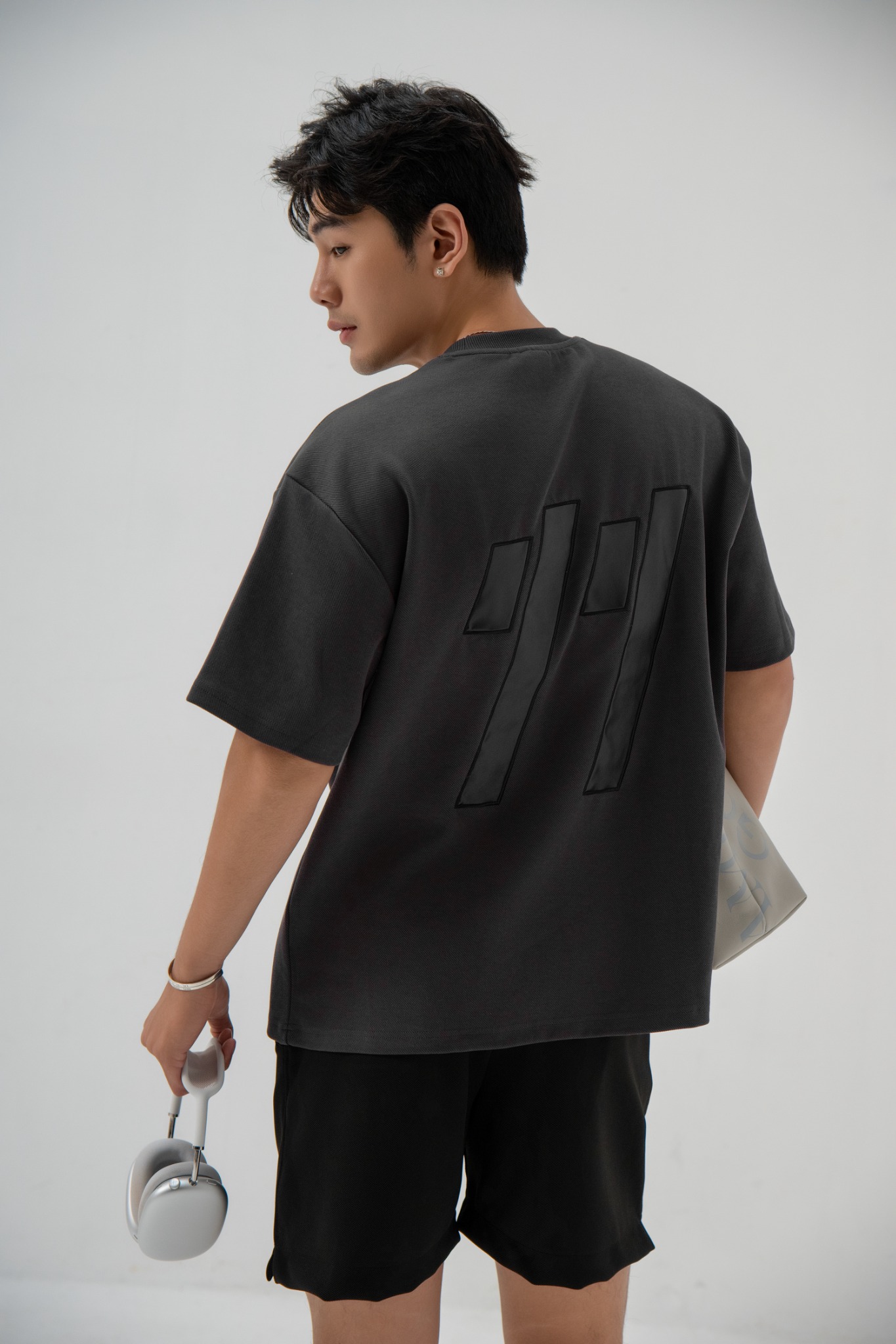 A12 STUDIO LOOSE FIT T-SHIRT DETAIL LOGO LEATHER - GREY