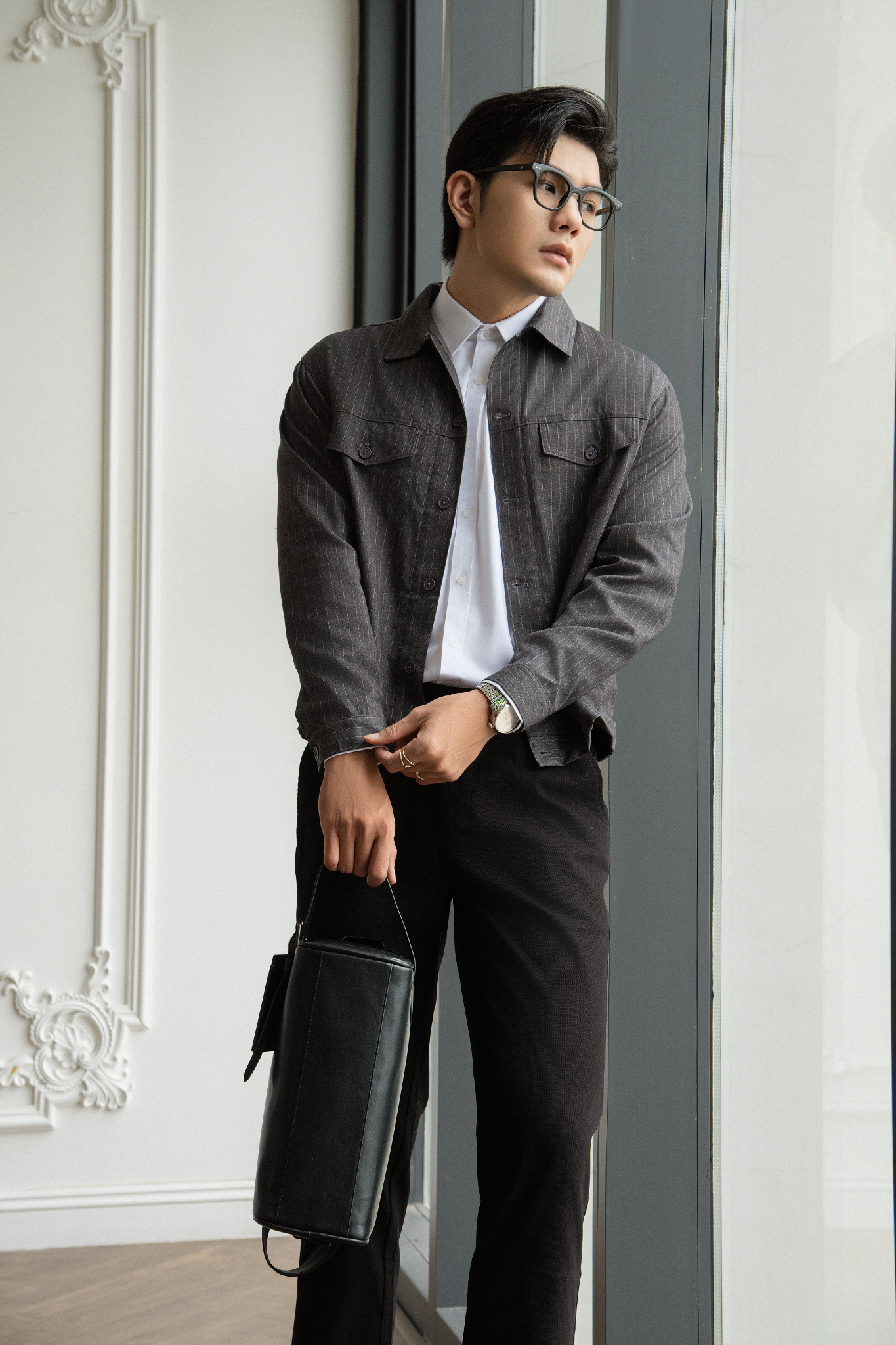 AG08 STUDIO REGULAR FIT STRIPED TWO POCKETS JACKET - LIGHT GREY