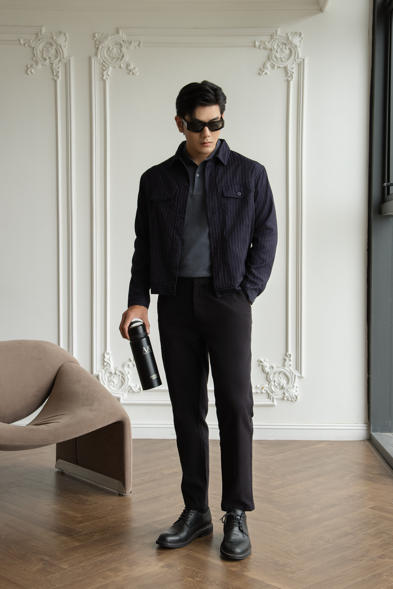 AG08 STUDIO REGULAR FIT STRIPED TWO POCKETS JACKET - DARK BLUE