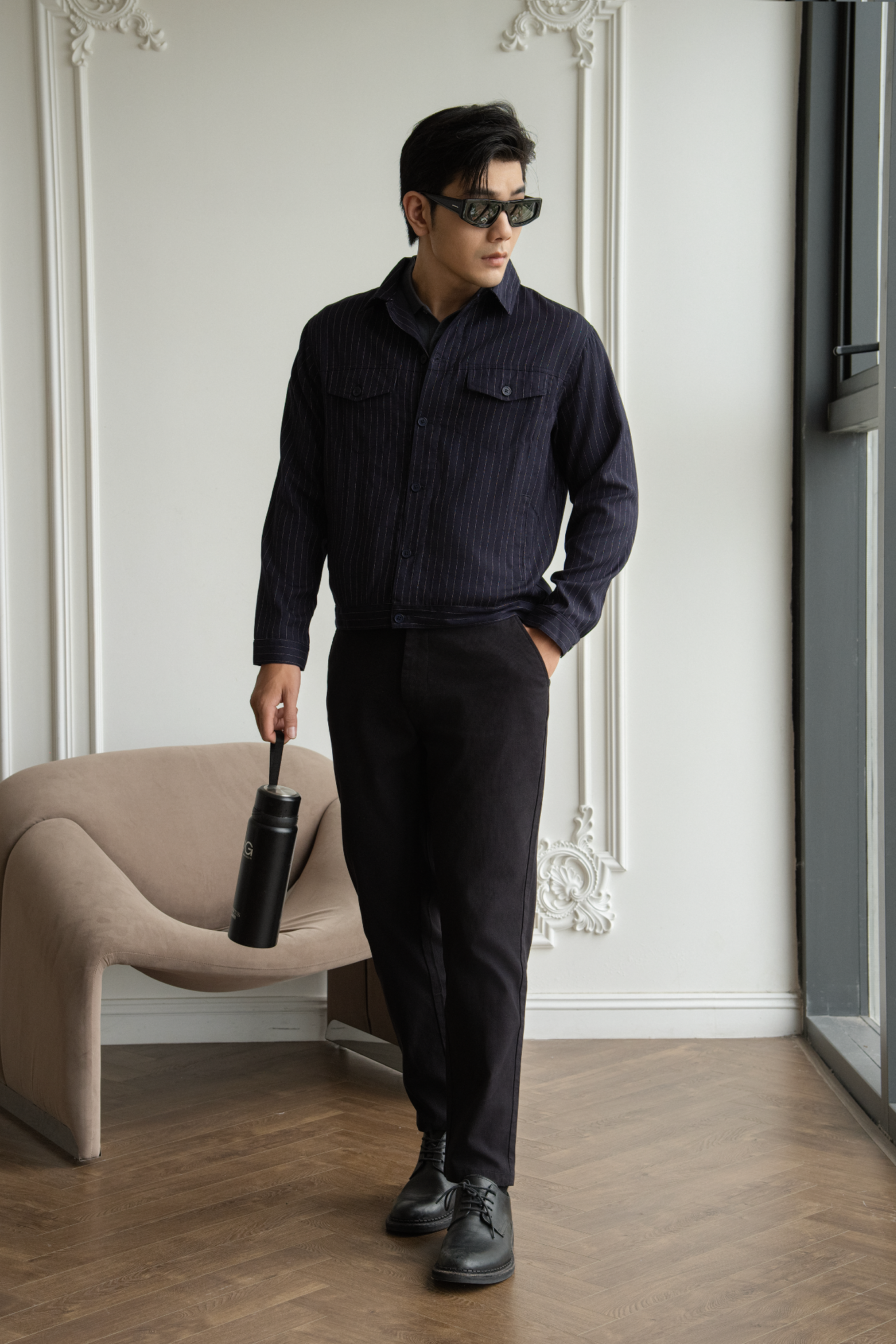 AG08 STUDIO REGULAR FIT STRIPED TWO POCKETS JACKET - DARK BLUE