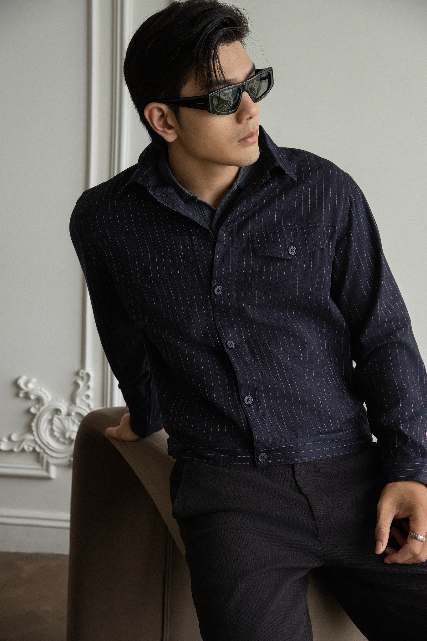 AG08 STUDIO REGULAR FIT STRIPED TWO POCKETS JACKET - DARK BLUE