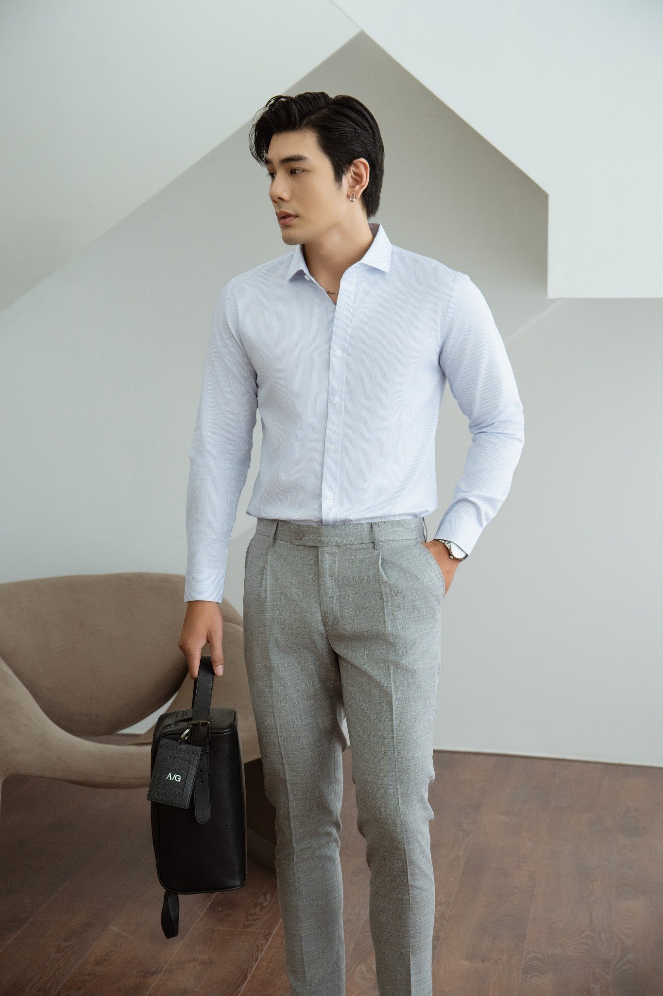 AG876 PREMIUM SLIMFIT TEXTURE STRIPED SHIRT - LIGHT BLUE