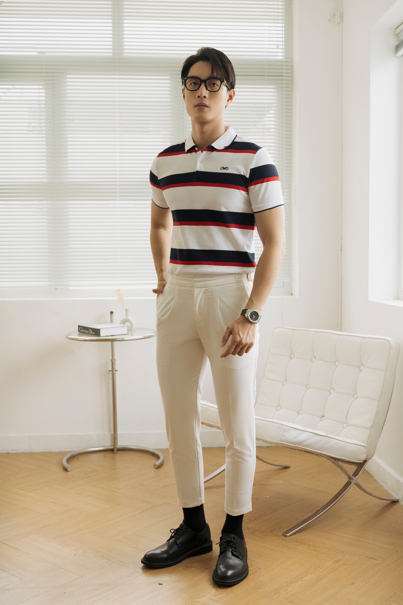 AG18 STUDIO SLIMFIT CITY STRIPED TIPPED POLO - WHITE