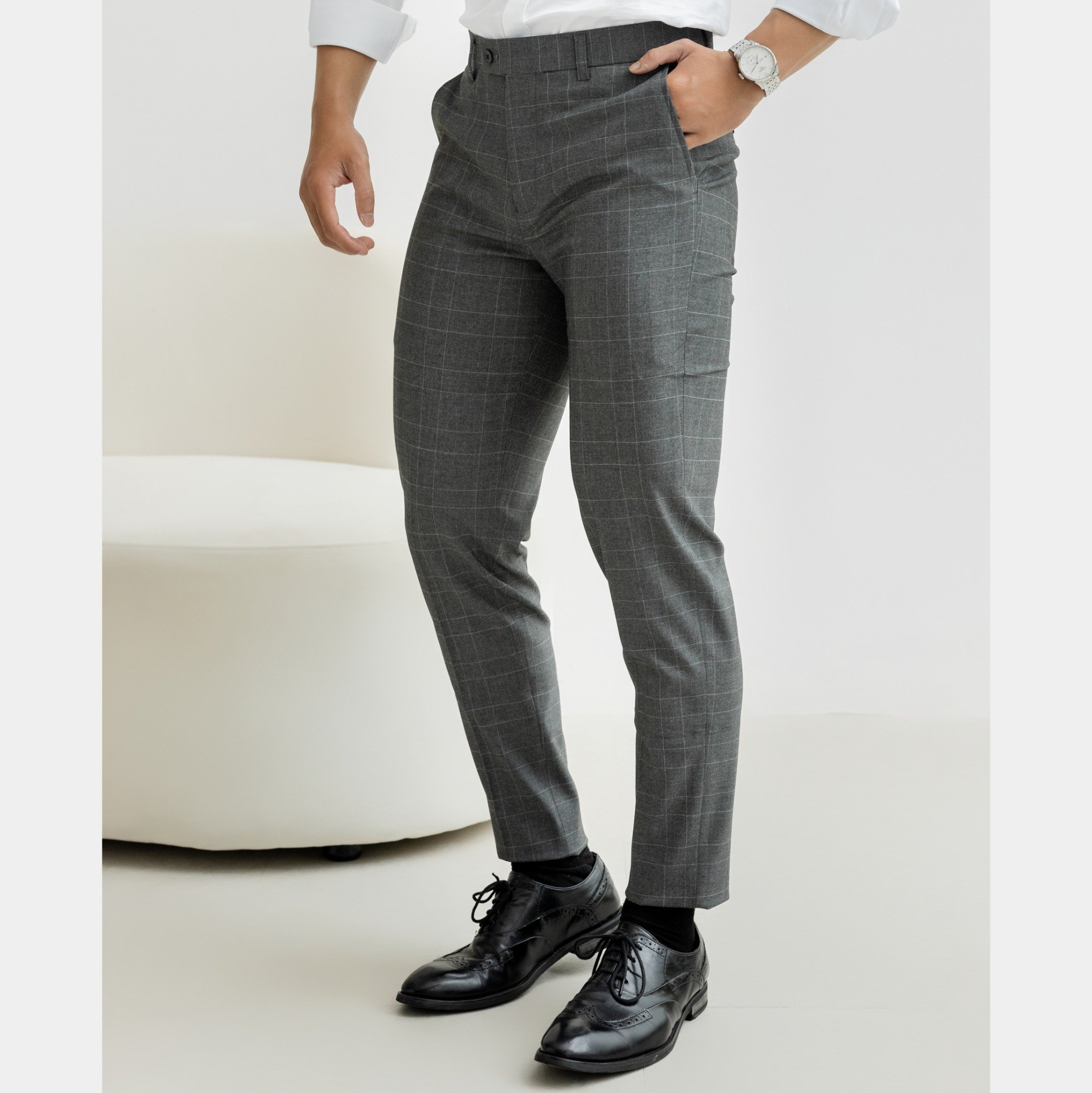 AG097 PREMIUM SLIMFIT CHECKED TROUSERS - GREY