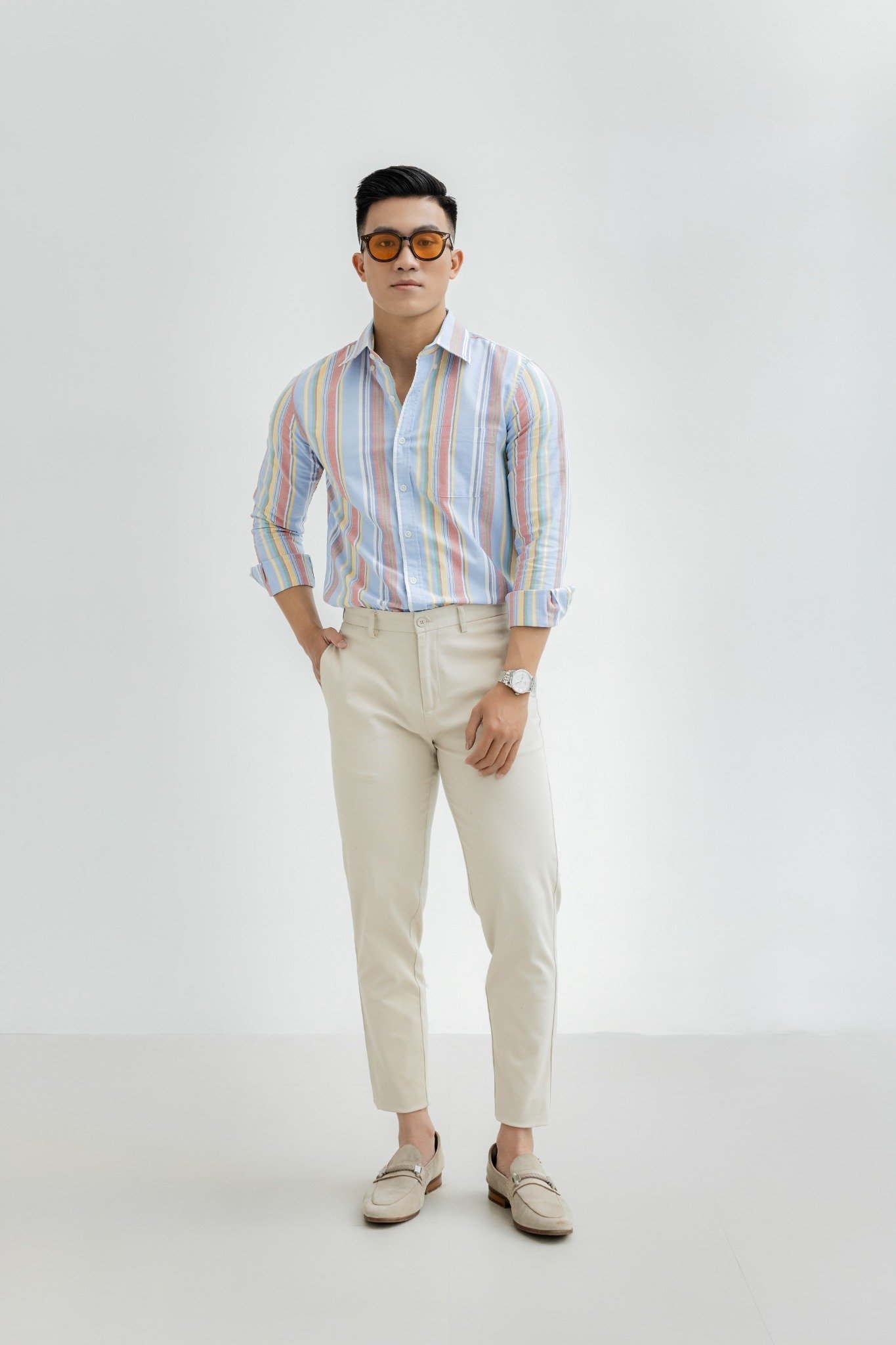 H300 FACTORY REGULAR FIT MULTI-COLORED VERTICAL STRIPED SHIRT - LIGHT BLUE
