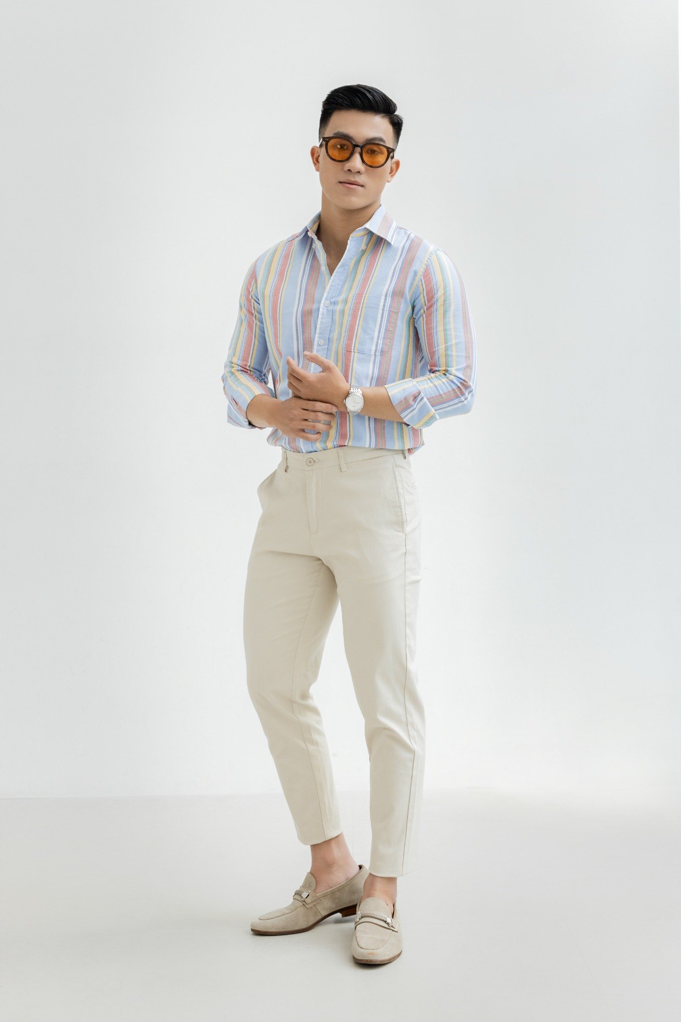 H300 FACTORY REGULAR FIT MULTI-COLORED VERTICAL STRIPED SHIRT - LIGHT BLUE