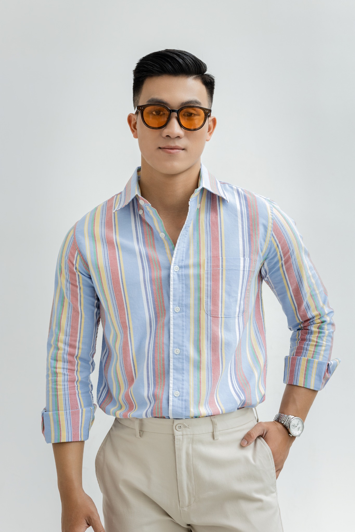 H300 FACTORY REGULAR FIT MULTI-COLORED VERTICAL STRIPED SHIRT - LIGHT BLUE