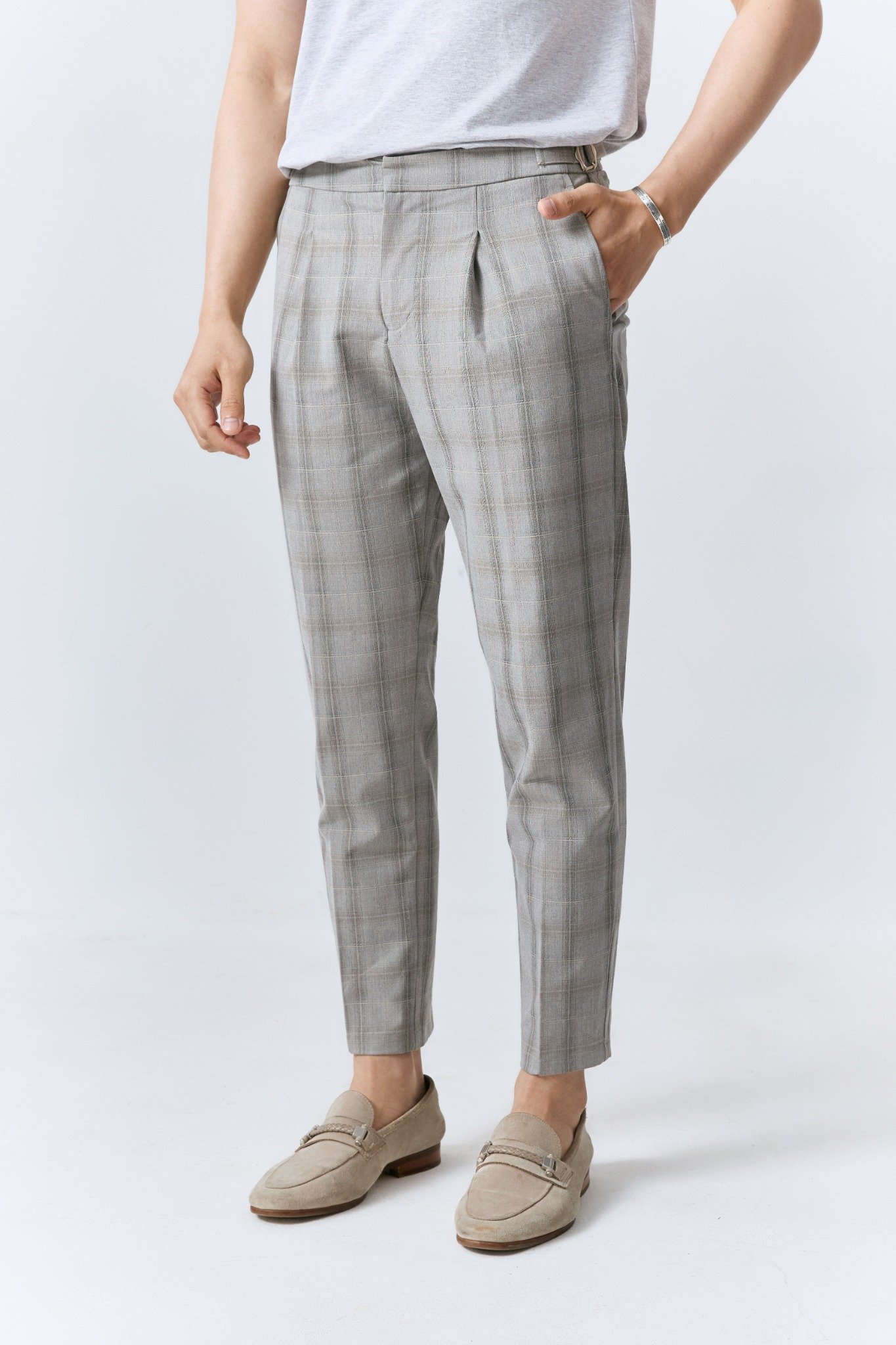 AG10 PREMIUM SLIMFIT SIDETAB CHECKED TROUSERS - BEIGE