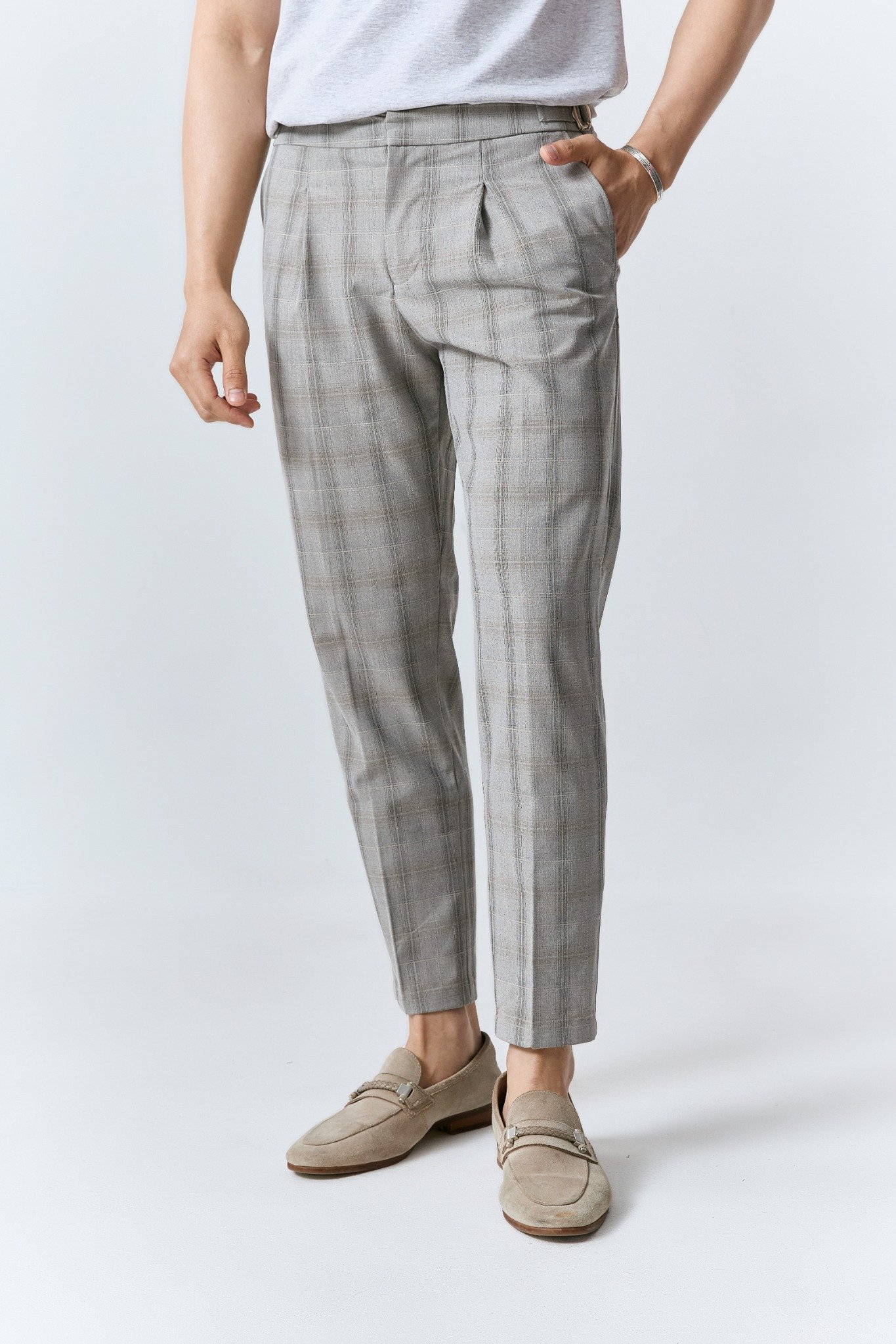 AG10 PREMIUM SLIMFIT SIDETAB CHECKED TROUSERS - BEIGE