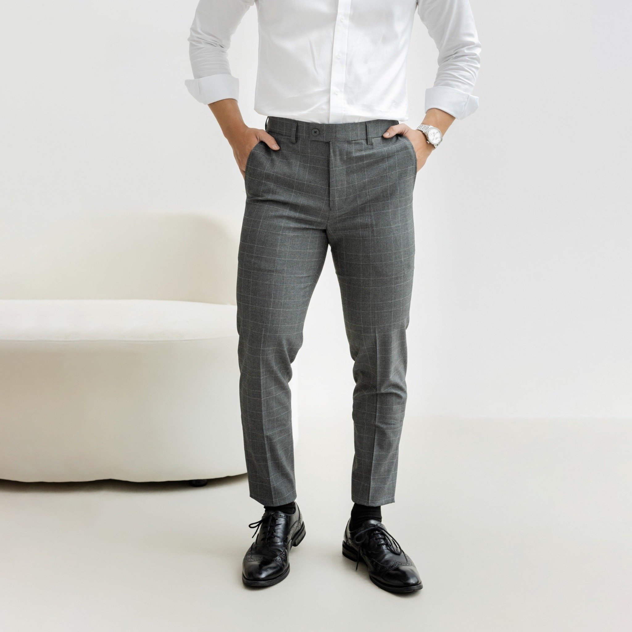 AG097 PREMIUM SLIMFIT CHECKED TROUSERS - GREY