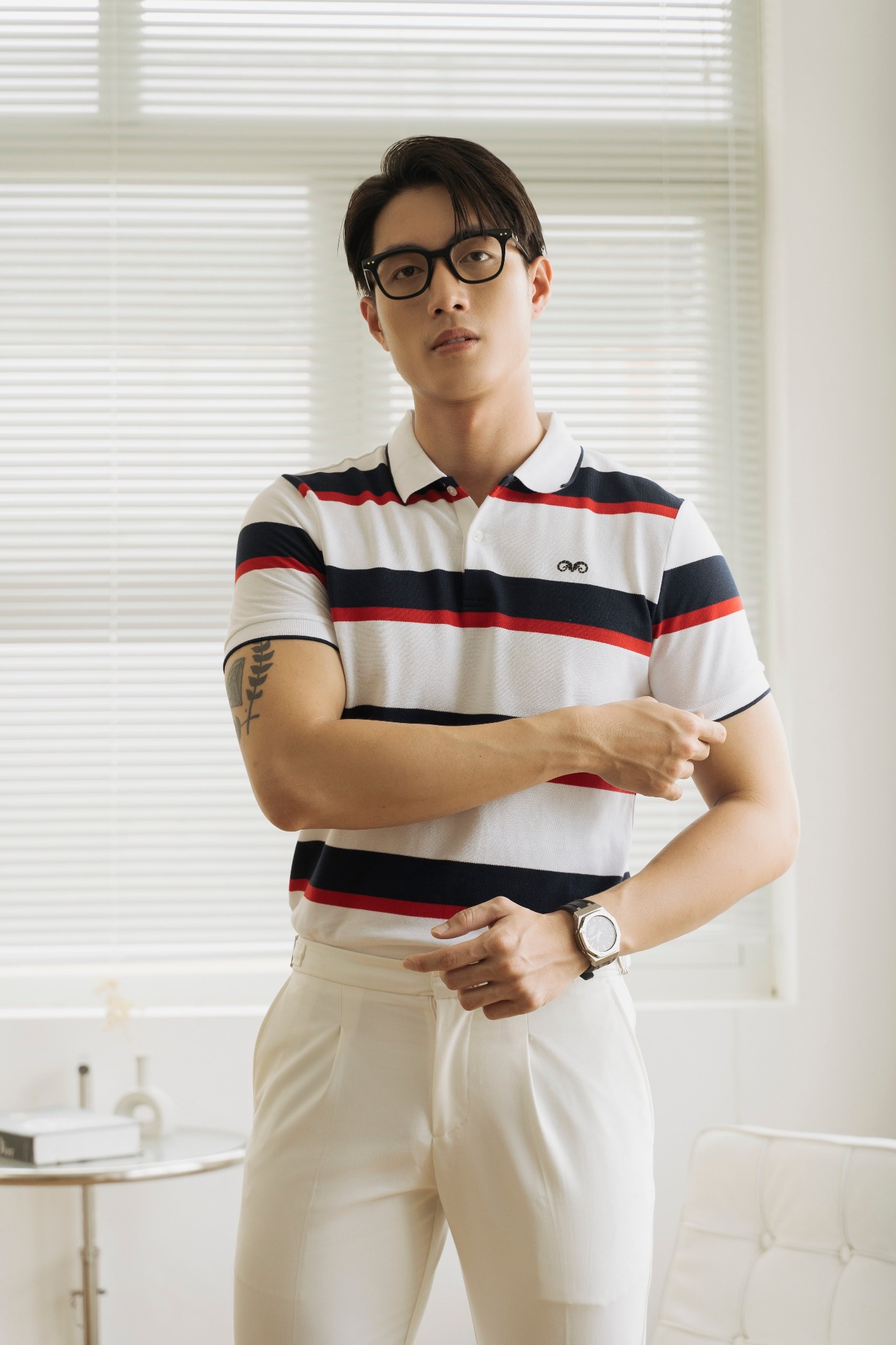 AG18 STUDIO SLIMFIT CITY STRIPED TIPPED POLO - WHITE