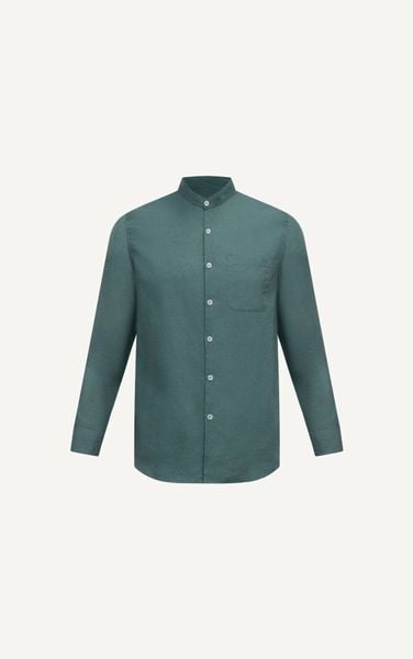  AG330 PREMIUM LINEN REGULAR FIT BAND COLLAR SHIRT WITH POCKET - GREEN