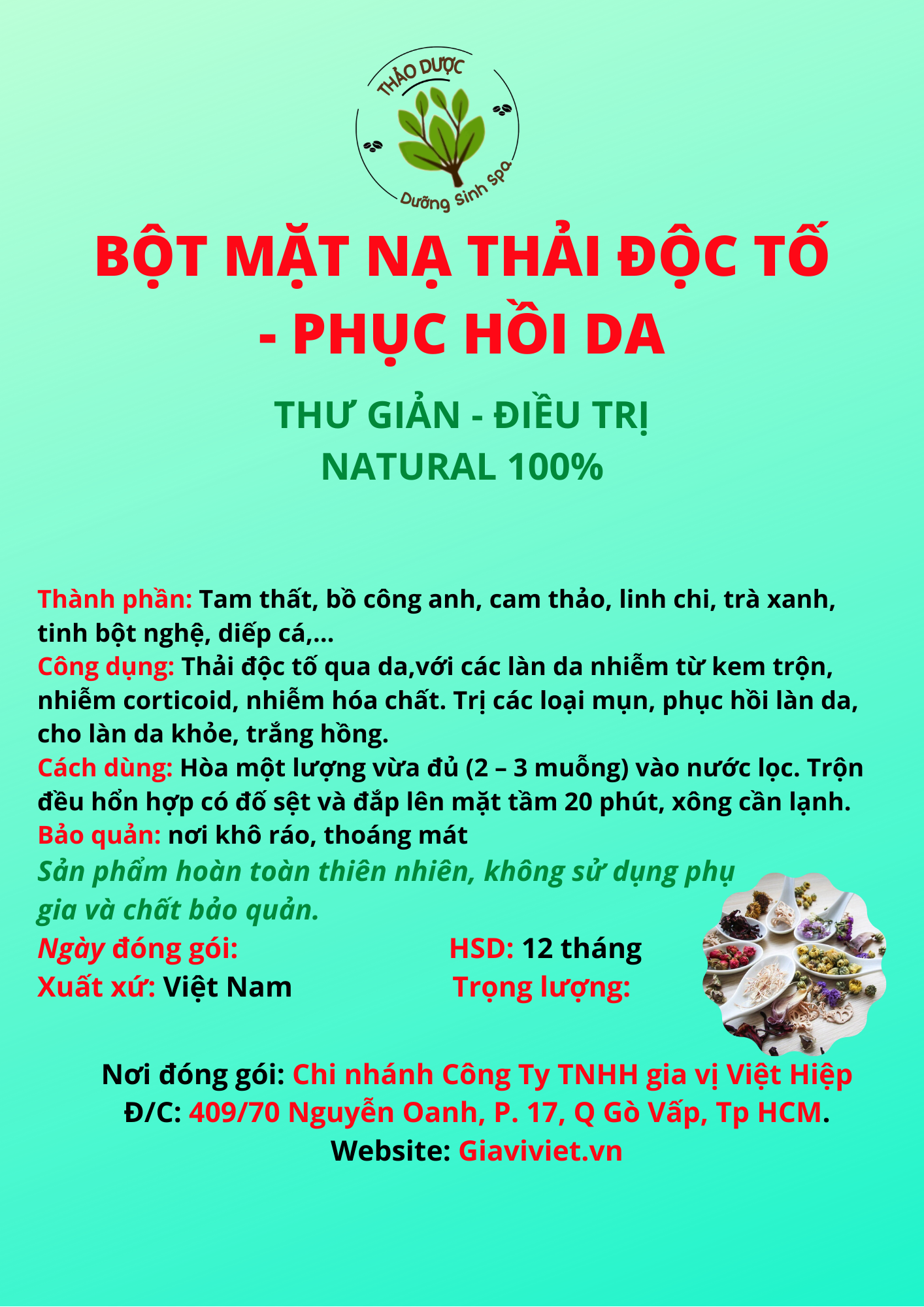  Bột Mặt Nạ Thải Độc Tố - Phục Hồi Da 