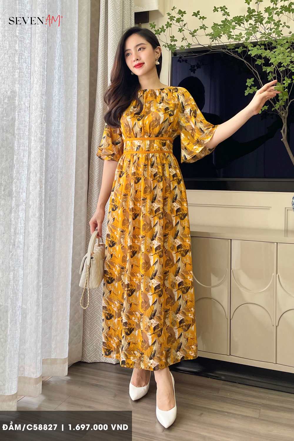 Đầm Midi Dáng Dài Seven.AM Chất Liệu Chiffon Họa Tiết Lá Vàng Màu Trắng Mã C58827 – SevenAM – top1shop