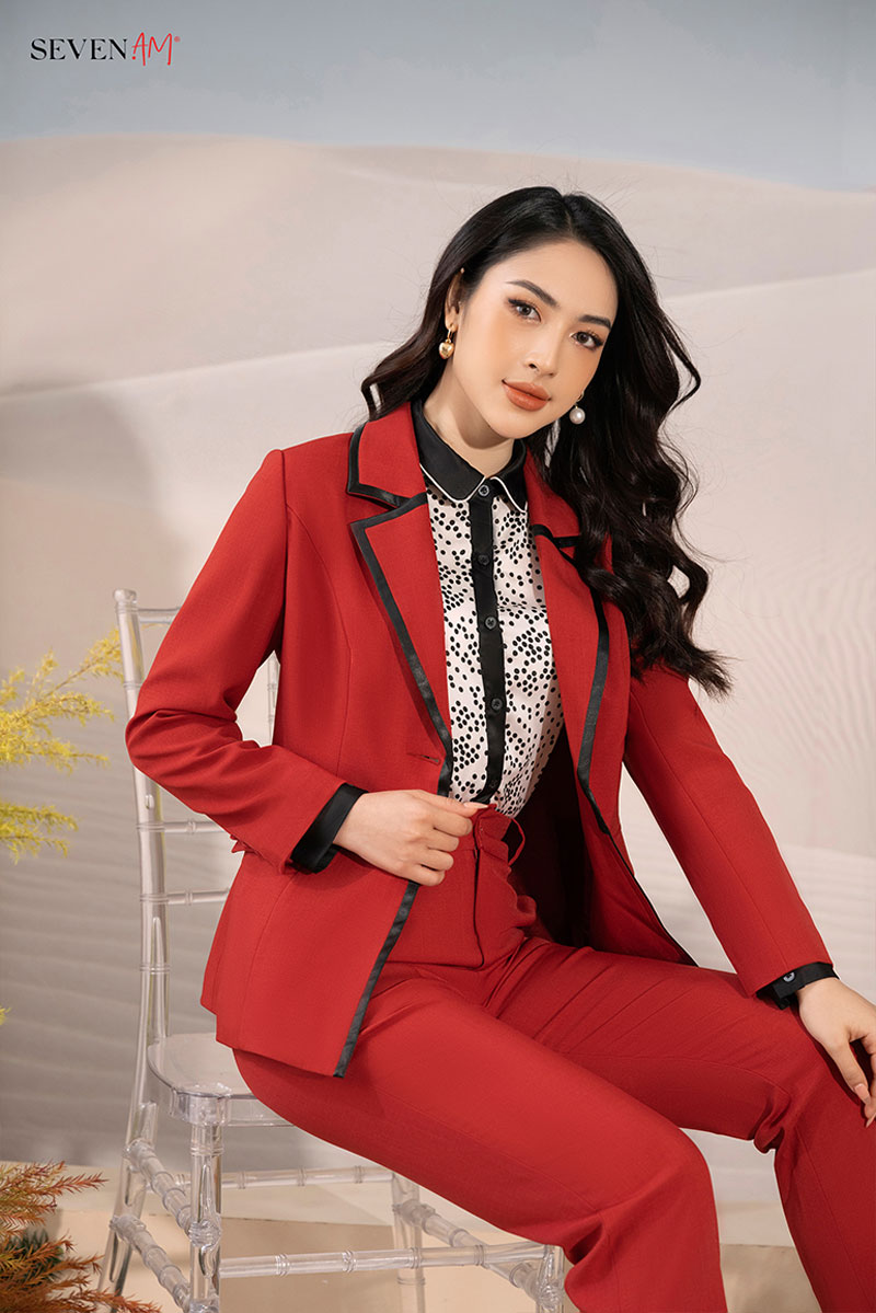 Áo Khoác Blazer Seven.AM Kiểu Dáng Tay Dài Chất Thô Màu Đỏ Gạch Thiết Kế Phối Nẹp Ve Cổ Mã V301010 – SevenAM – top1shop