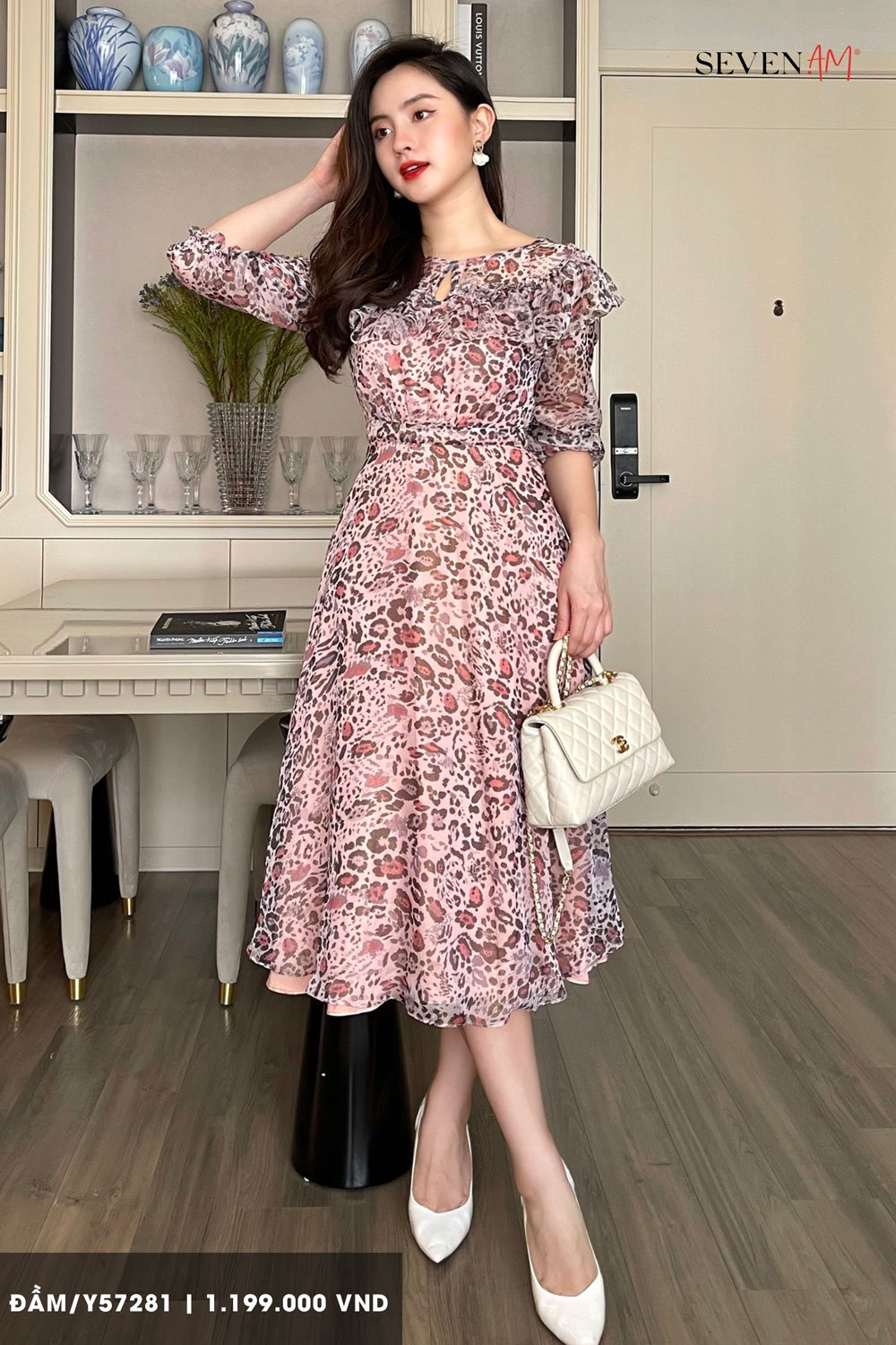 Đầm Midi Seven.AM Chất Liệu Chiffon Kiểu Dáng Dài Tay Hoạt Tiết Da Báo Nền Hồng Mã Y57281 – Khác – top1shop