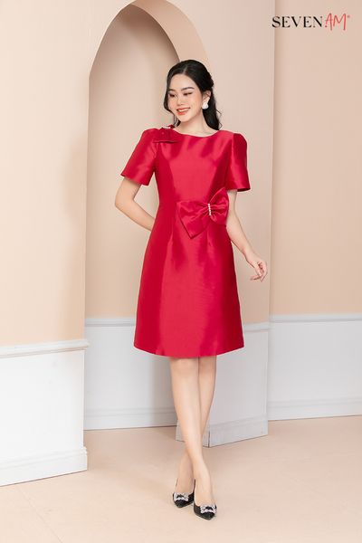 Đầm A tay cộc bồng Thô bóng đỏ nơ vai và eo E603002D