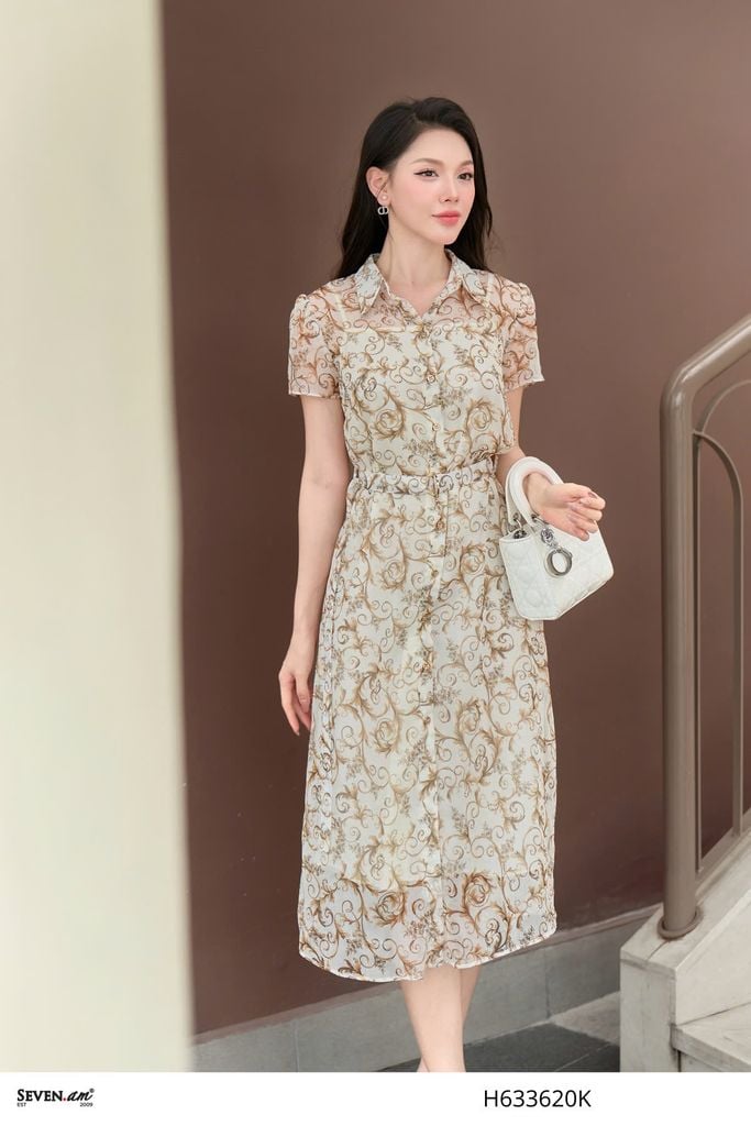 Đầm sơ mi dáng suông họa tiết trừu tượng thời trang nữ Seven.AM H633620K