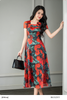  Đầm xoè dài ngắn tay thời trang nữ Lụa hoa đỏ hoa cuốn ngực Seven.AM B633297I 