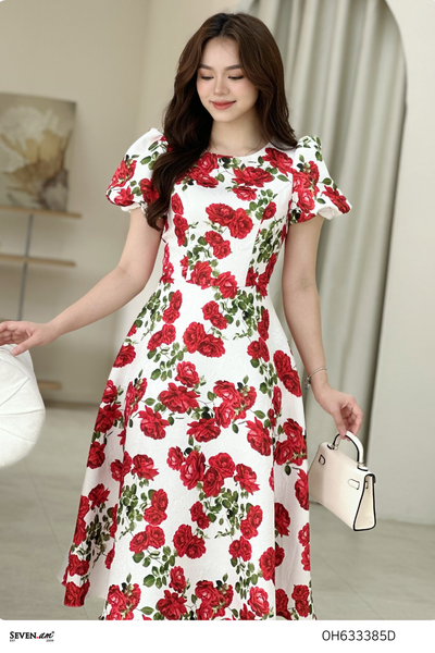 [ Seven.AM Young] Đầm xòe tay cộc trắng hoa hông đỏ thời trang nữ OH633385D