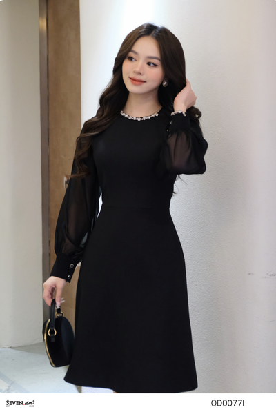 [Seven.AM Young] Đầm xòe đen tay dài phối cổ tròn thời trang nữ OD0077I