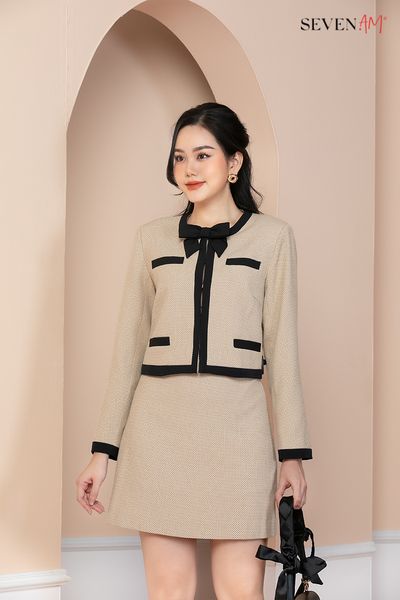 Chân váy A Thô be chấm bi phối cạp O700009C