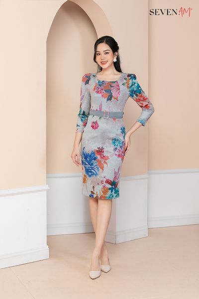 Đầm ôm tay dài Thô xám hoa xanh hồng to O611023C