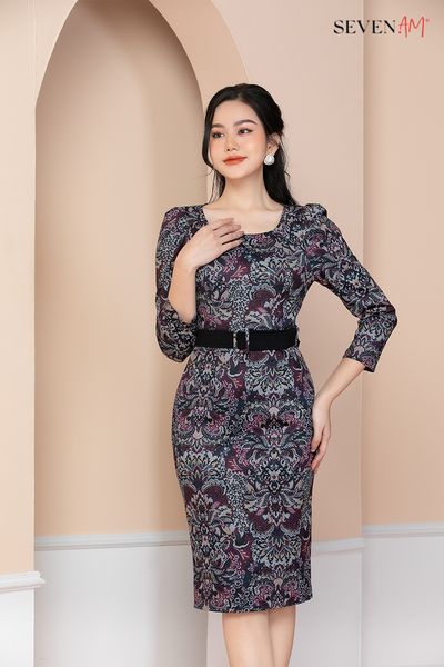 Đầm ôm tay dài Thô nền xám hoa vàng lá tím O611023C