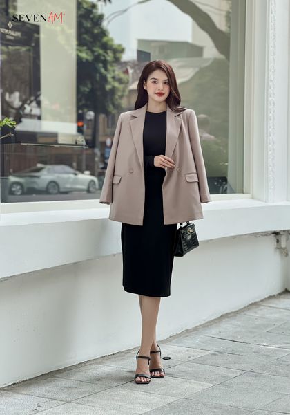 [Seven.AM Young] Áo blazer tay dài be nâu phom rộng basic xẻ sau thời trang nữ OA0081I