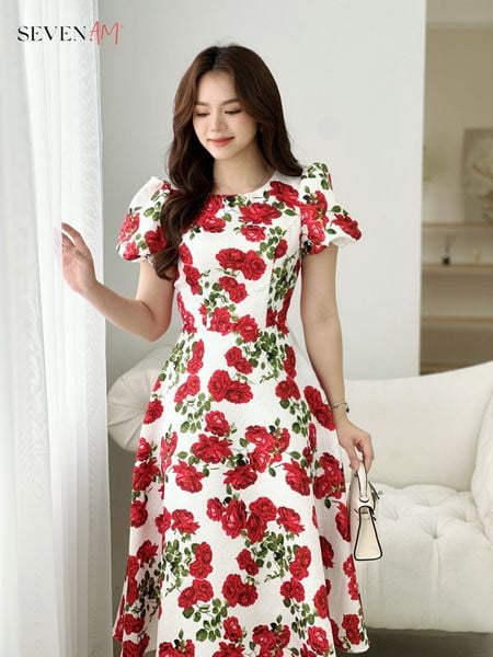 [ Seven.AM Young] Đầm xòe tay cộc trắng hoa hông đỏ thời trang nữ OH633385D