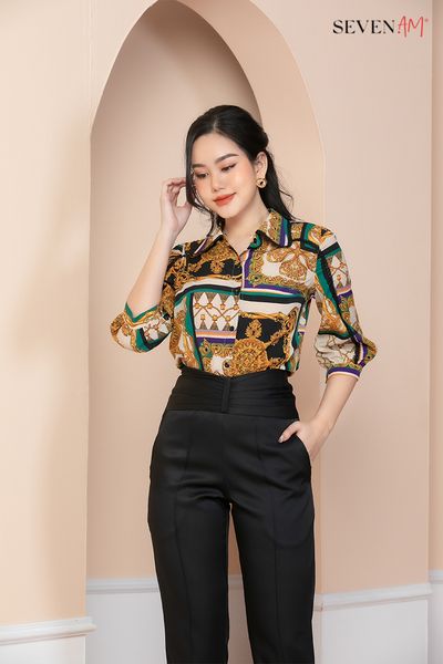 Áo Sơ mi tay dài Thô nền be kẻ ô xanh đen kê ren Y101012B