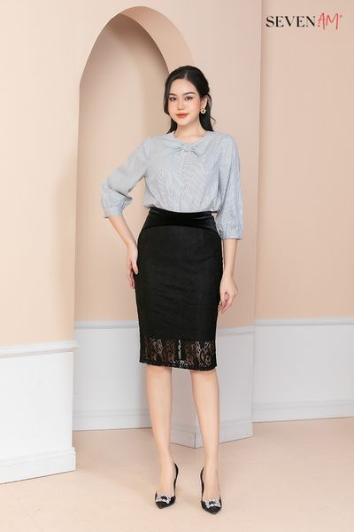 Áo chui tay dài Thô trắng kẻ xanh nơ cổ	Y102001D