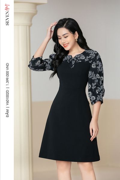 Đầm A tay lỡ Thô đen phối vải hình lá Y601002D