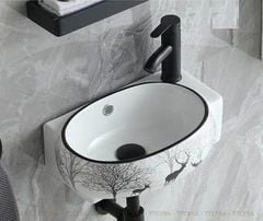 CHẬU LAVABO GÓC TREO TƯỜNG TRẮNG HỌA TIẾT HƯƠU ( GÓC PHẢI ) -  BLLE  2308