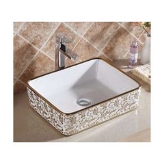 CHẬU LAVABO ĐẶT BÀN CHỮ NHẬT TRẮNG HỌA TIẾT HOA VÀNG  - BLLE 8025 A 44