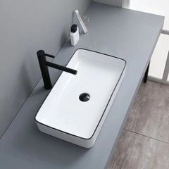 CHẬU LAVABO ĐỂ BÀN CHỮ NHẬT TRẮNG VIỀN ĐEN -  MB18