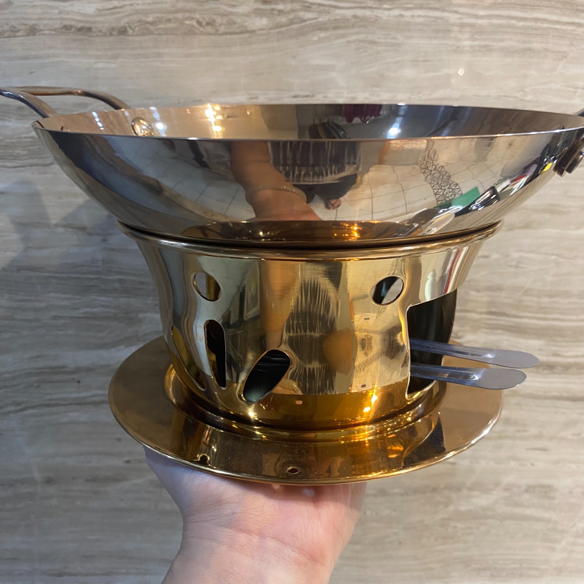 Bộ bếp chảo inox đốt cồn vàng hồng có đế làm nóng giữ nhiệt