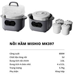 Nồi nấu chậm lòng sứ 3L Mishio MK397 kèm xửng hấp và 4 thố sứ tiện lợi không lo cháy khét hay bong tróc chống dính