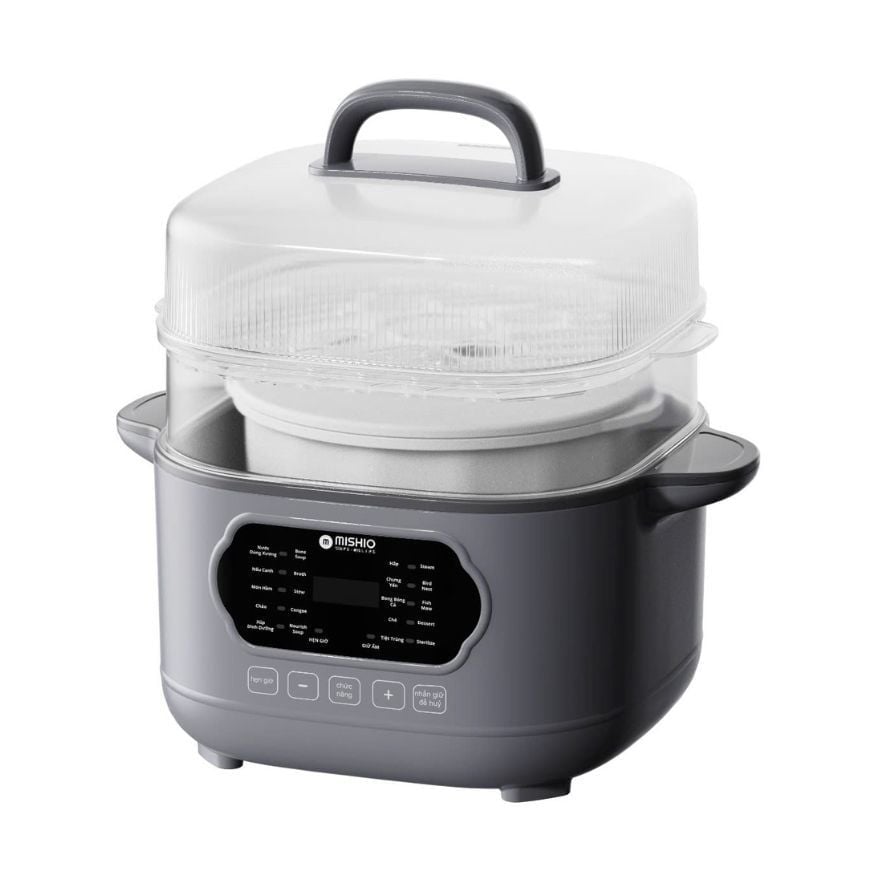 Nồi nấu chậm lòng sứ 3L Mishio MK397 kèm xửng hấp và 4 thố sứ tiện lợi không lo cháy khét hay bong tróc chống dính