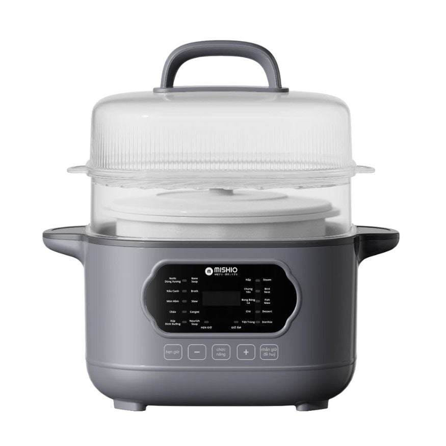 Nồi nấu chậm lòng sứ 3L Mishio MK397 kèm xửng hấp và 4 thố sứ tiện lợi không lo cháy khét hay bong tróc chống dính