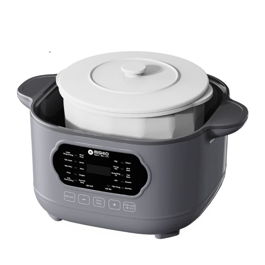 Nồi nấu chậm lòng sứ 3L Mishio MK397 kèm xửng hấp và 4 thố sứ tiện lợi không lo cháy khét hay bong tróc chống dính