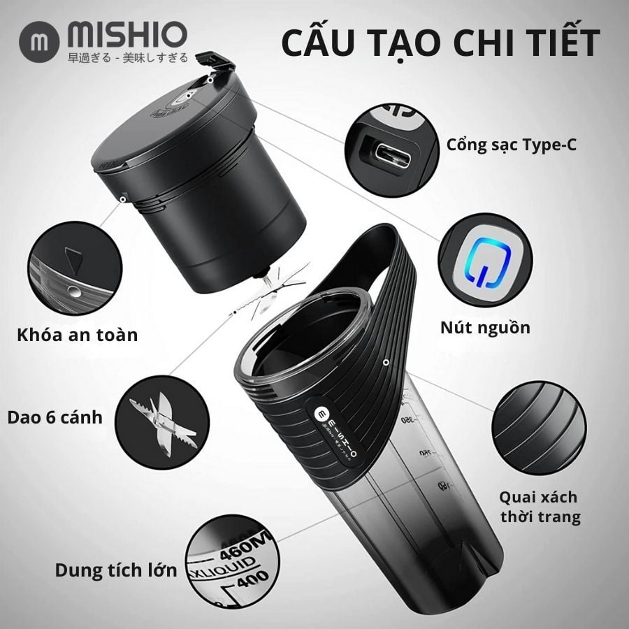  Máy xay sinh tố chạy pin 460ml Mishio MK371 cầm tay mang đi mọi nơi dễ dàng 