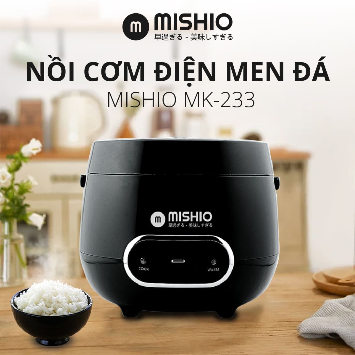  Nồi Cơm Điện Men Đá Mishio MK233 size 0.8L lòng nồi dày nặng nấu cơm ngon 