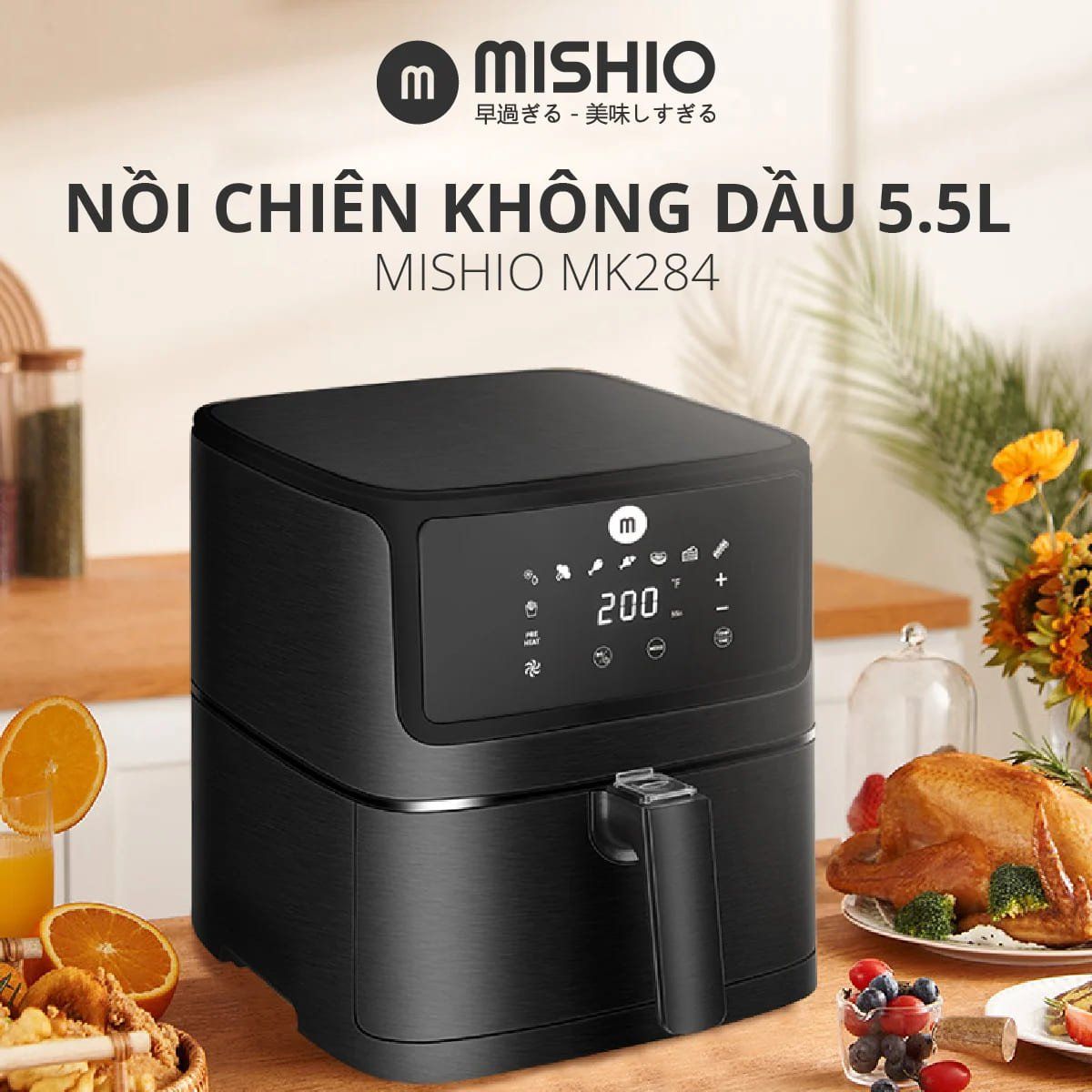  Nồi Chiên Không Dầu điện tử cao cấp Mishio MK284 9L (5.5L) 